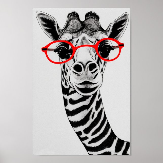 Affiche Giraffe Hipster en Lunettes rouges Giraffe Dessin  (Devant)