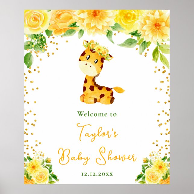 Affiche Giraffe Jaune Baby shower Floral Bienvenue (Devant)