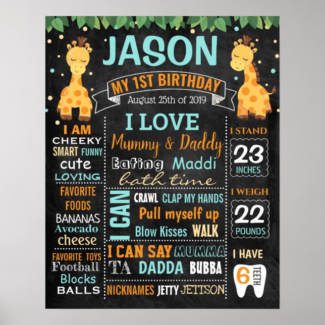 Affiche Giraffe Jungle zoo Premier Anniversaire Chalkboard (Devant)