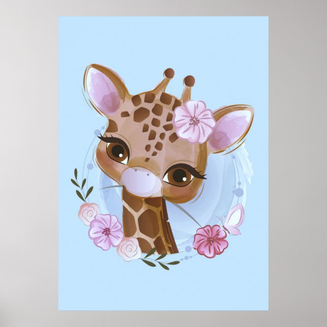 Affiche Giraffe Lover mignonne Baby Giraffe à la Fleur (Devant)