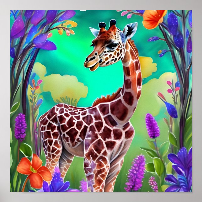 Affiche Giraffe mignonne entourée de fleurs (Devant)