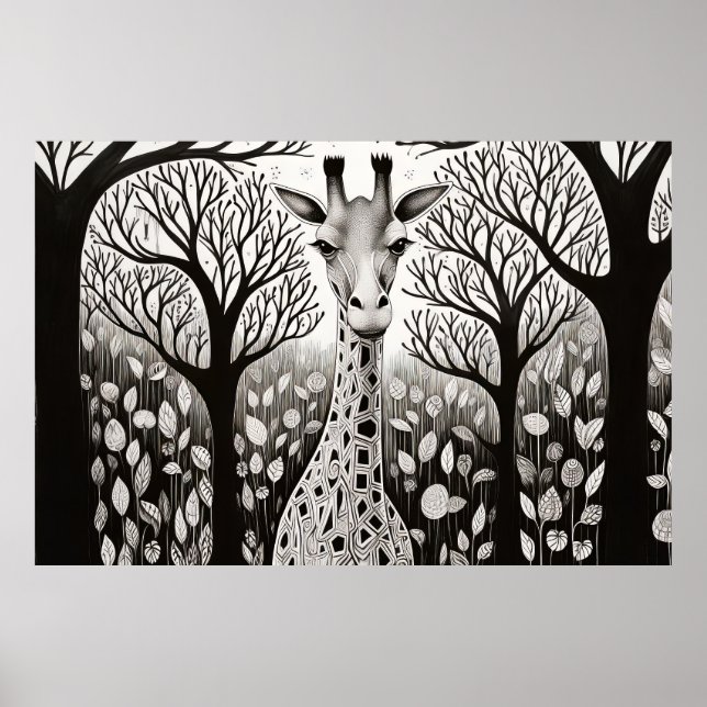 Affiche Giraffe Nature paisible Prairie Dessin d'art (Devant)