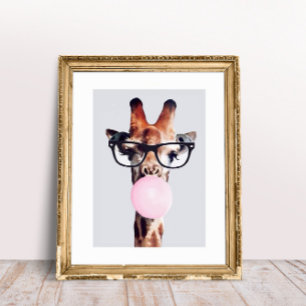 AFFICHE GIRAFFE PORTANT DES LUNETTES SOUFFLANT UN BUBBLE G