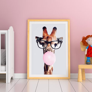 AFFICHE GIRAFFE PORTANT DES LUNETTES SOUFFLANT UNE BULLE D