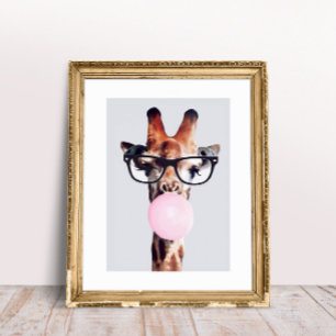 AFFICHE GIRAFFE PORTANT DES VERRES SOUFFRANT UN BUBBLEGUM 