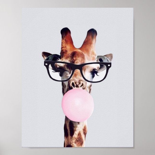 AFFICHE GIRAFFE PORTANT DES VERRES SOUFFRANT UN BUBBLEGUM  (Devant)