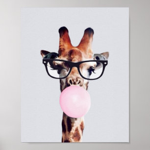 AFFICHE GIRAFFE PORTANT DES VERRES SOUFFRANT UN BUBBLEGUM