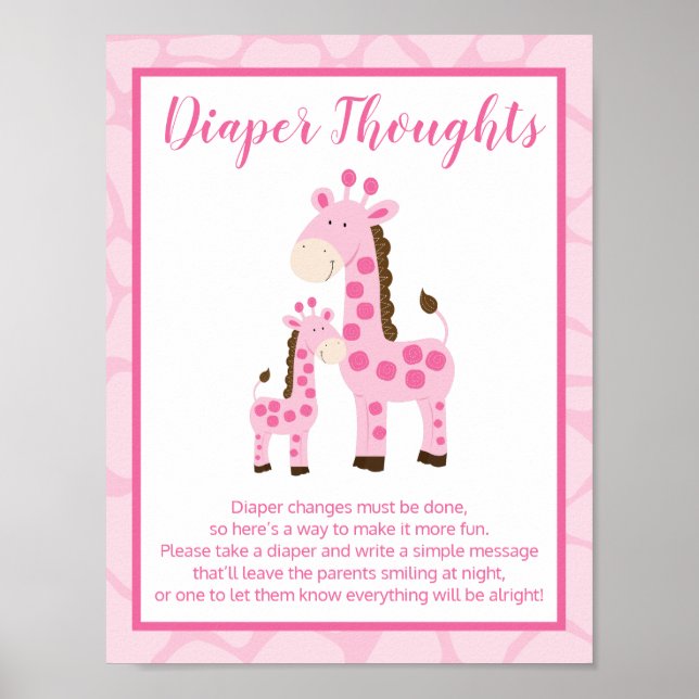 Affiche Giraffe rose fille Pensées de couche Baby shower j (Devant)