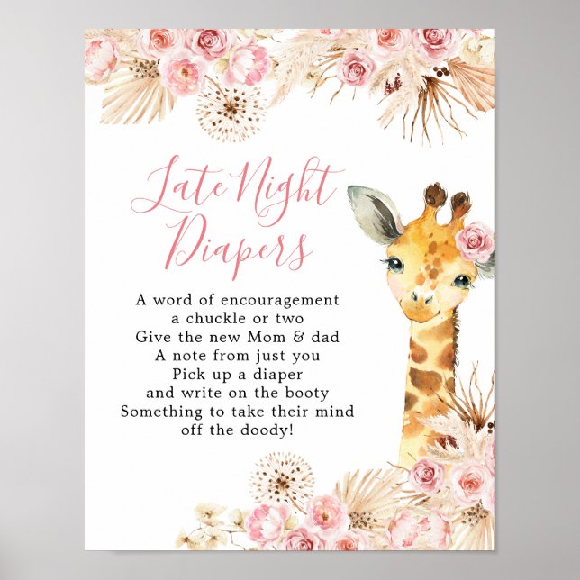 Affiche Giraffe rose pâle Baby shower de nuit couche tardi (Devant)