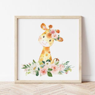 Affiche Giraffe, Safari, Fleurs roses, Nourriture pour fil
