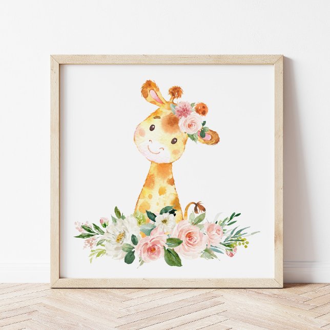 Affiche Giraffe, Safari, Fleurs roses, Nourriture pour fil (Créateur téléchargé)