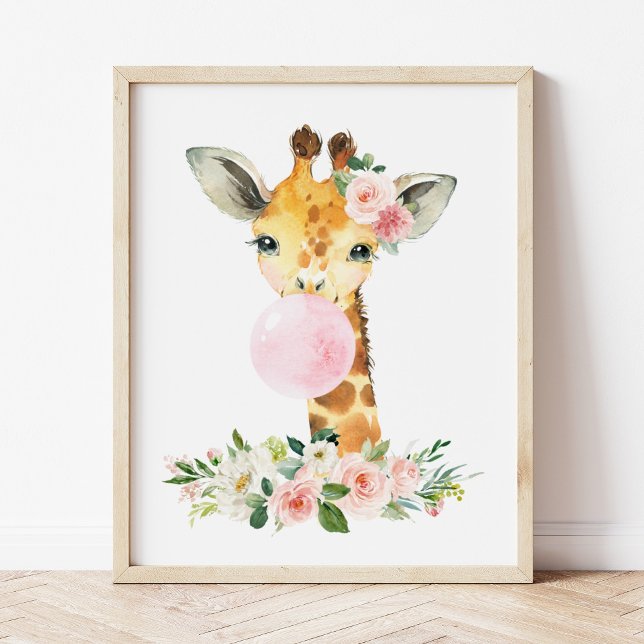 Affiche Giraffe, Safari, gomme à bulles roses, infirmière  (Créateur téléchargé)