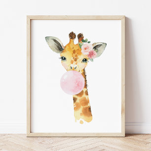 Affiche Giraffe, Safari, gomme à bulles roses, infirmière 