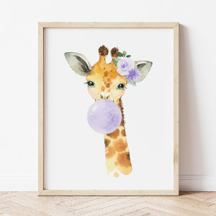 Affiche Giraffe, Safari, gomme à bulles violettes, Neutre