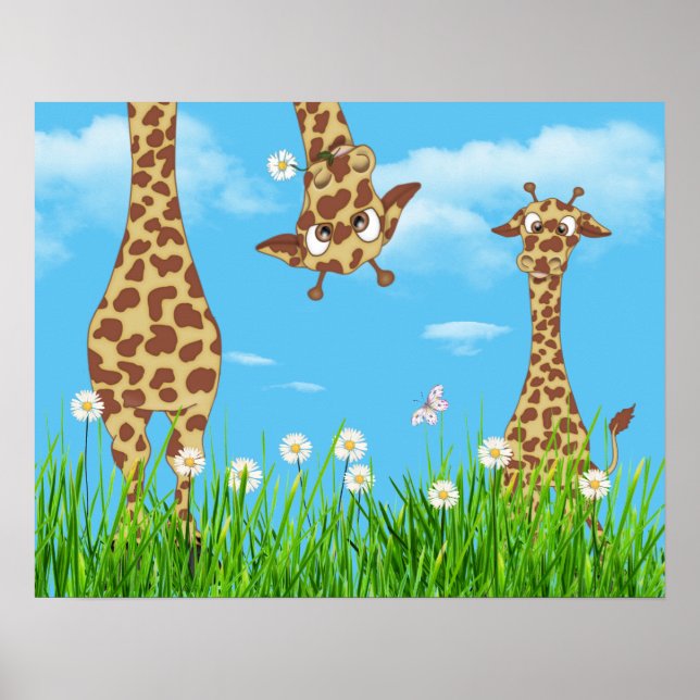Affiche Giraffes en herbe avec nuages (Devant)