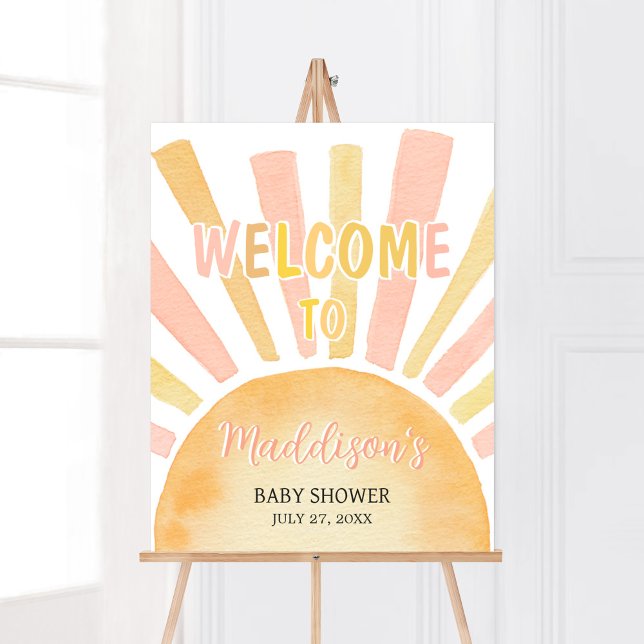 Affiche Girl A Little Ray of Sunshine Baby shower Bienvenu (Pink Boho Sunshine Baby Shower Welcome Sign)