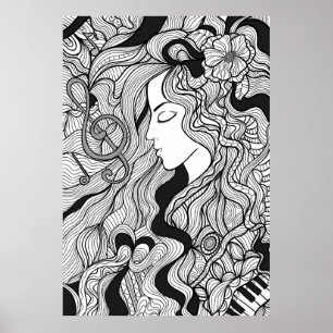 Affiche Girl and music. Vintage illustration. Black outlin