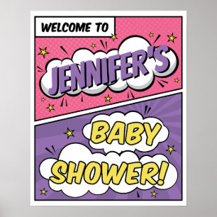 Affiche Girl Comic Book Superhero Baby shower Bienvenue