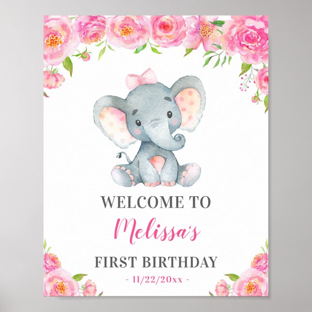 Affiche Girl Elephant 1er 2e fête d'anniversaire Bienvenue (Devant)