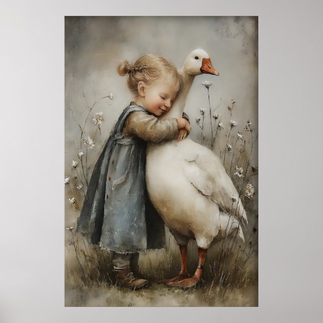 Affiche Girl Hugs Goose Love Printable, Rustic Cottagecore (Devant)