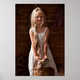 Affiche Girl in a Barn with a Kitten in a Basket