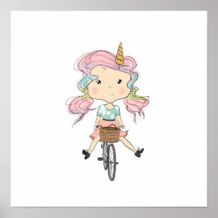 Affiche Girl Unicorn Sur Un Vélo
