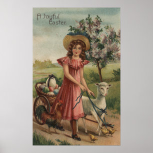 Affiche Girl Walking Lamb, Chick, and Rooster