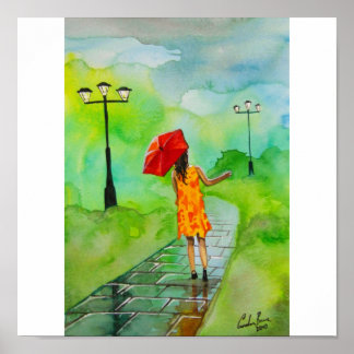 AFFICHE GIRL WITH A RED UMBRELLA