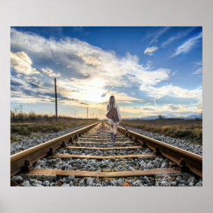 Affiche Girl With Guitar on Railroad Tracks