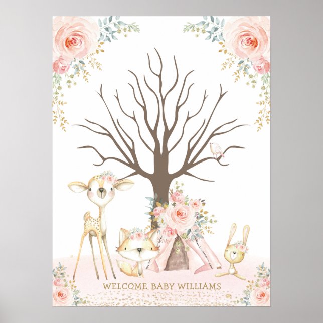 Affiche Girl Woodland 1st Birthday Thumbprint Guestbook (Devant)