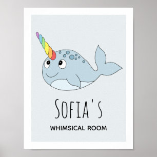 Affiche Girls Cute Rainbow Narwhal Cartoon Name Kids Room