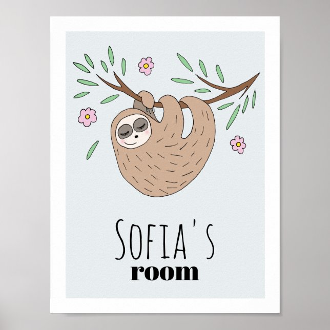 Affiche Girls Cute Sleeping Sloth Animal and Name Kids (Devant)