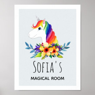 Affiche Girls Magical Rainbow Unicorn & Nom Salle Enfants