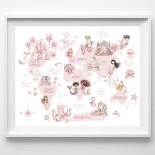 Affiche Girls Magical World Map, sirènes roses et châteaux