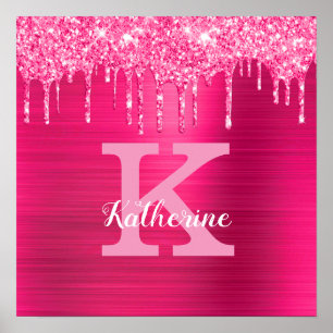 Affiche Girly Hot Pink Glitter Drips Glam Monogram