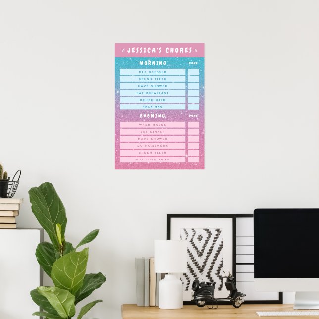 Affiche Girly Pink Glitter Kids Dry Erase Daily Chores  (Bureau à domicile)