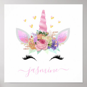 Affiche Girly Unicorn Pink Floral Script Name