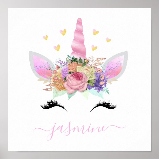 Affiche Girly Unicorn Pink Floral Script Name (Devant)
