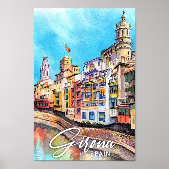 Affiche Girona Espagne Aquarelle Peinture Voyage (Devant)