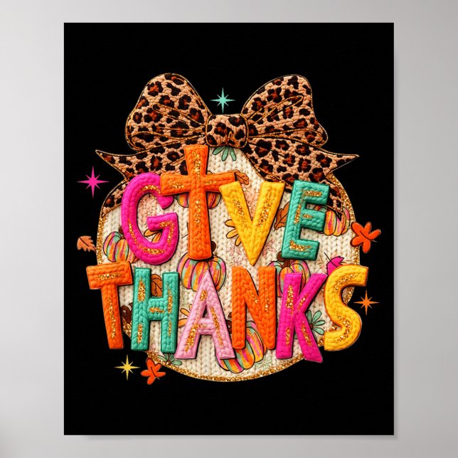 Affiche Give Thanks, Fall Leopard Coquette Bow, Preppy Tha (Devant)