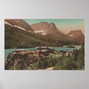 Affiche Glacier, MT - Vue des chalets et du lac St. Marys