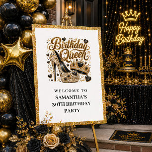 Affiche Glam Black Gold Confettis Anniversaire Reine Bienv