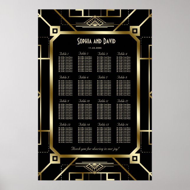 Affiche Glam Black Gold Great Gatsby 20s Seating Chart (Devant)