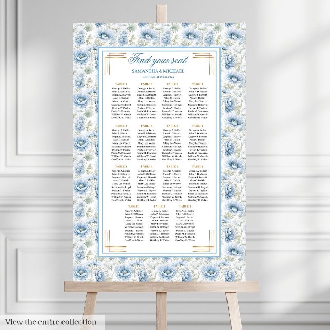 Affiche Glam Dusty Blue Gold Aquarelle Mariage Siège (Glam Dusty Blue Gold Watercolor Wedding Seating Chart)