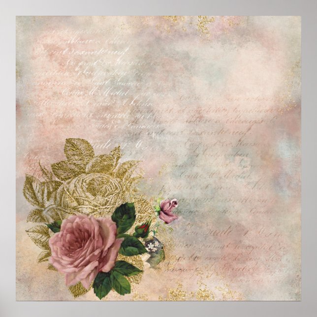 Affiche Glam Steampunk | Rose rose et or Rustique Floral (Devant)