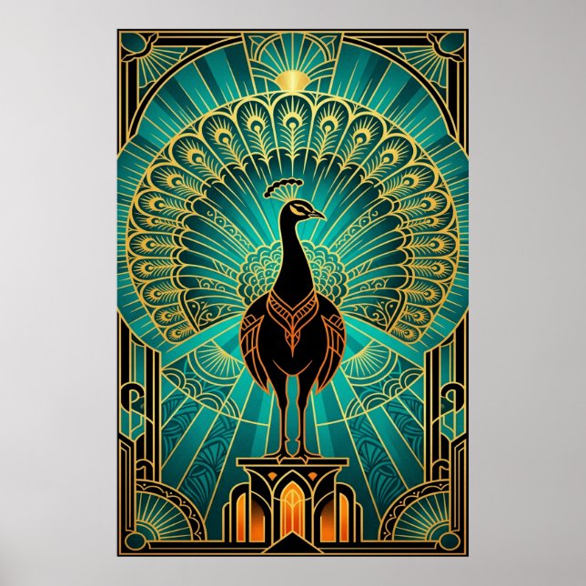 Affiche Glamorous Art Deco Peacock Teal & Gold (Devant)
