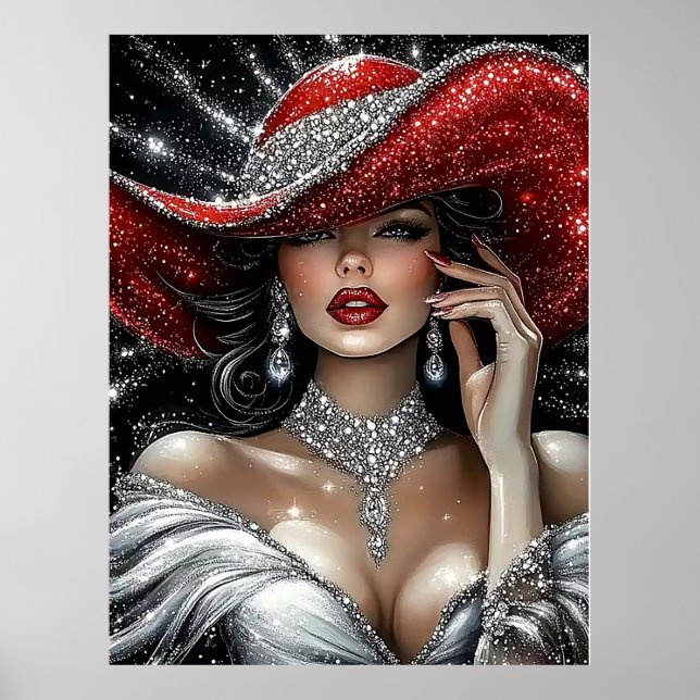 Affiche Glamorous Sparkle Lady in Red Hat (Devant)