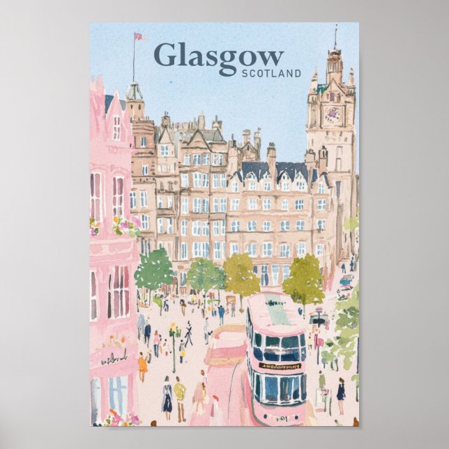 Affiche Glasgow Ecosse Gouache Peinture Illustration Voyag (Devant)