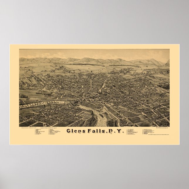 Affiche Glens Falls, NY Carte panoramique - 1884 (Devant)