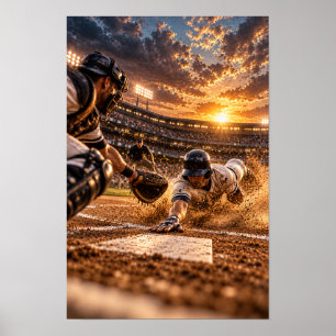 Affiche Glissade au marbre au baseball – Sports au coucher